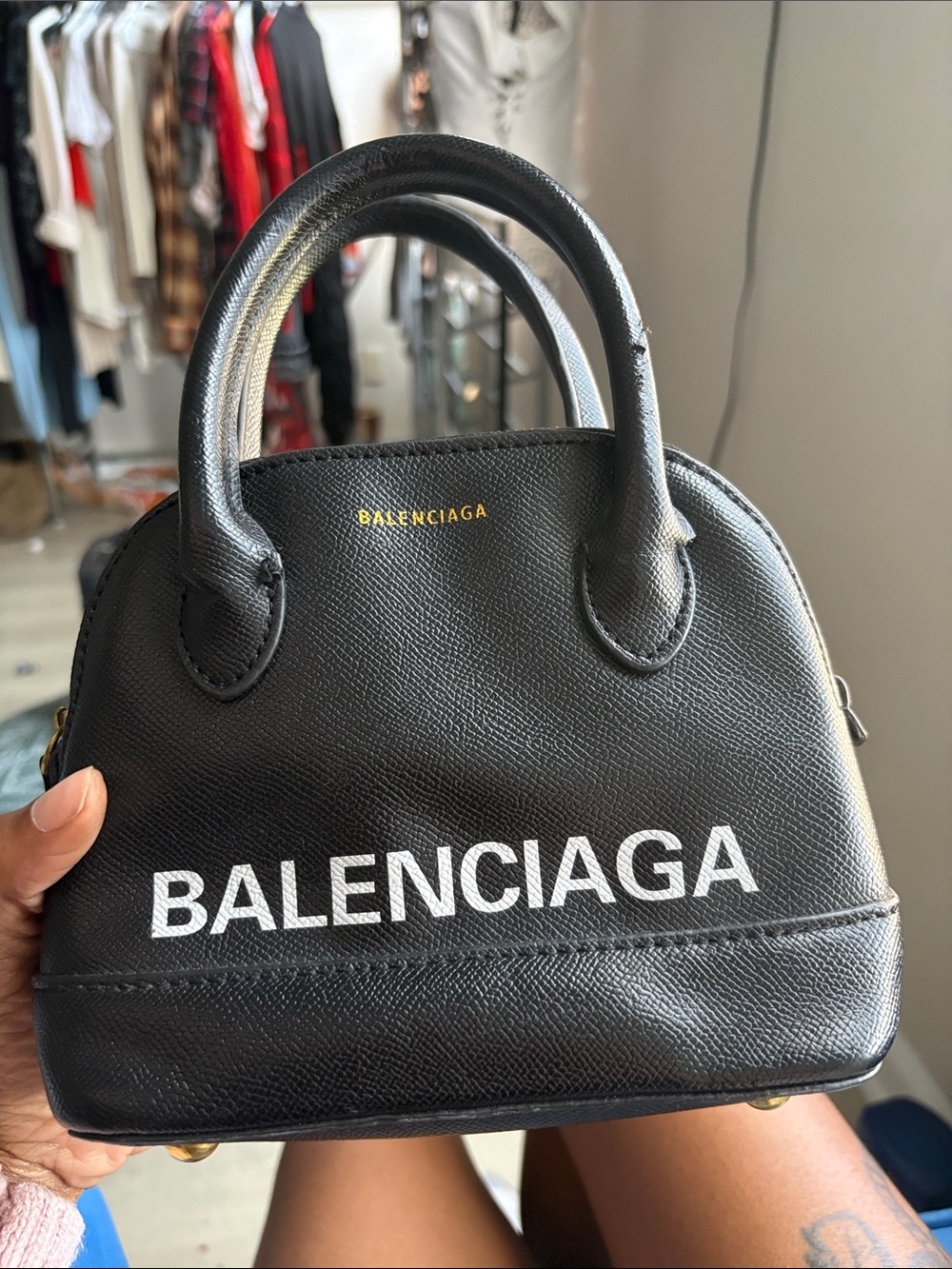 Black Mini Leather Top-Handle Tote with White Logo